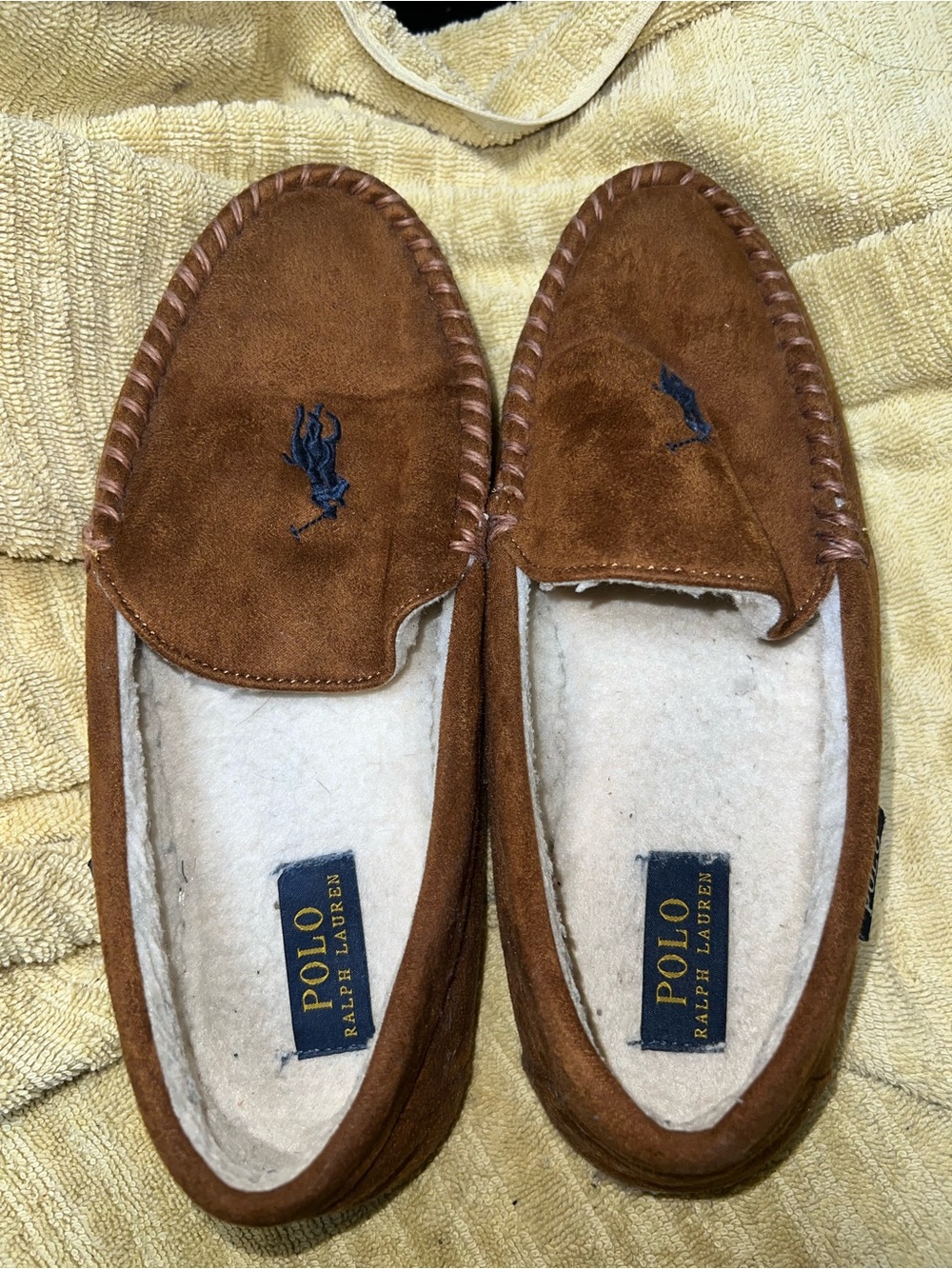 brown suede Polo Ralph Lauren moccasin slippers house slippers